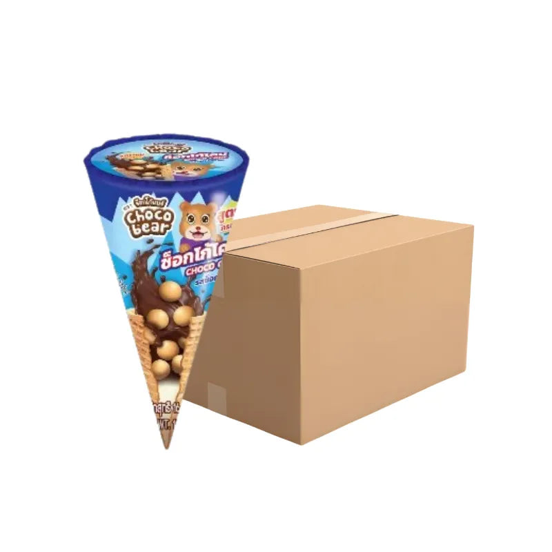 Choco Bear Chococone chocolate flavor pack, 16g, 12 pieces, 24 packs, showing chocolate-filled cone snack on a plate