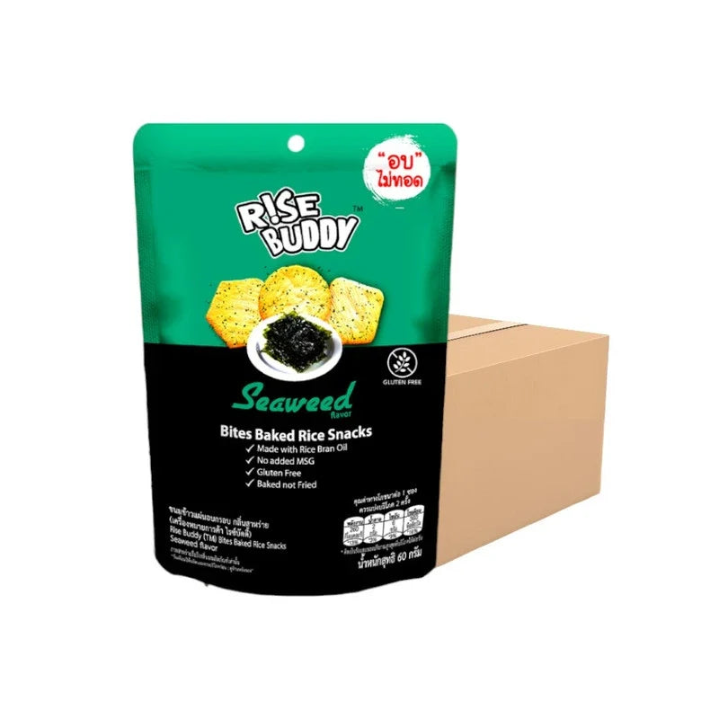 Rise Buddy Crispy Rice Snacks in a transparent bowl, showing light, crunchy rice cereal snacks for dry grocery and confectionery.