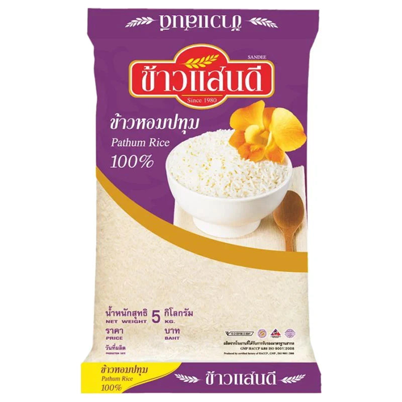 Sandee Rice Patum 5kg dry grocery product, showing a bag of SANDEE RICE brand rice with detailed packaging and branding.