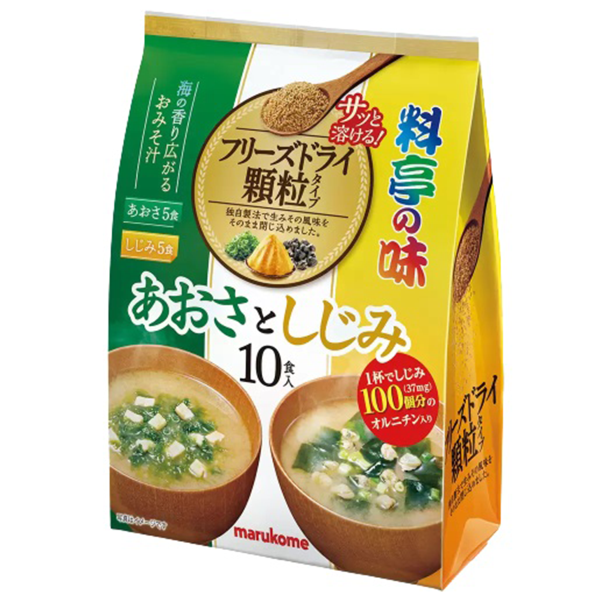 Marukome Fd Karyu Miso Soup Assort with shijimi clams in a bowl, showcasing traditional Japanese miso soup with assorted ingredients.