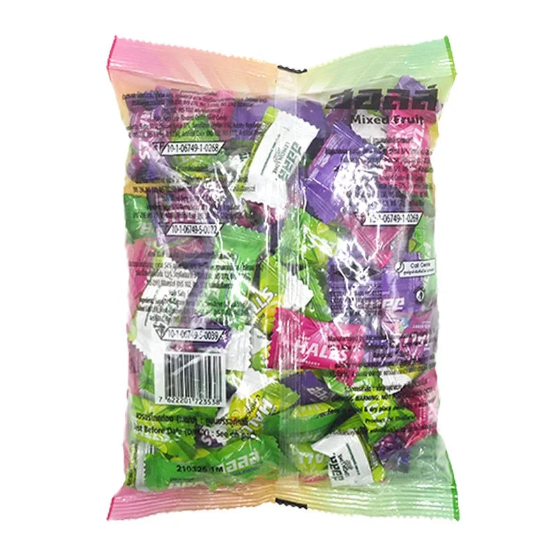 Halls Mixed Fruit dry grocery snack with various fruit-flavored candies in a colorful package.