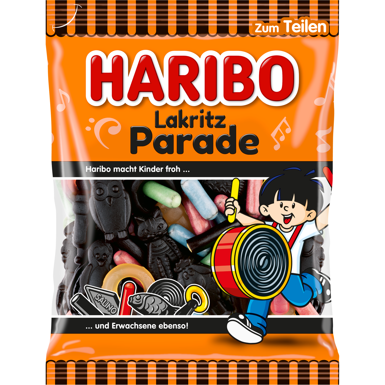 Colorful Haribo Parade Jelly confectionery snacks in vibrant packaging, showcasing a variety of gummy candies from the Haribo brand.