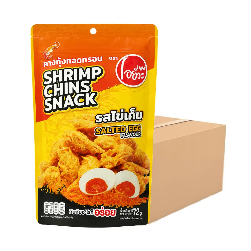 O-YUA Crispy Fried Shrimp snack with salted egg flavor in 72g package, showcasing golden, crunchy shrimp pieces.
