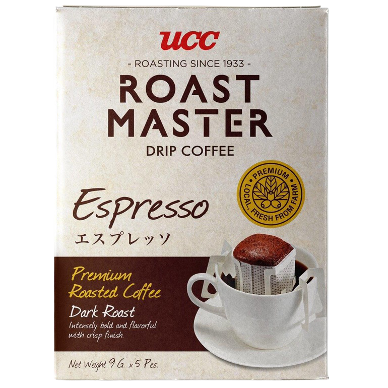 Ucc Roast Master drip coffee espresso drink in a clear glass, showcasing the dark coffee and rich crema on top.