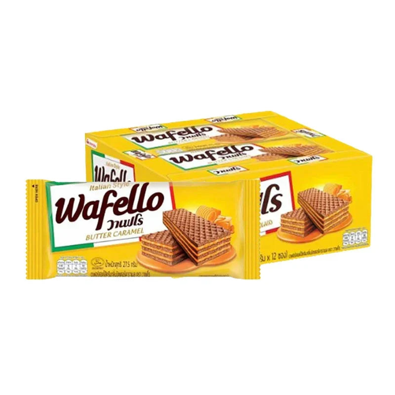 Wafello Unsalted Butter Caramel snack pack, 35g x12, dry grocery confectionery with rich caramel flavor and smooth texture.