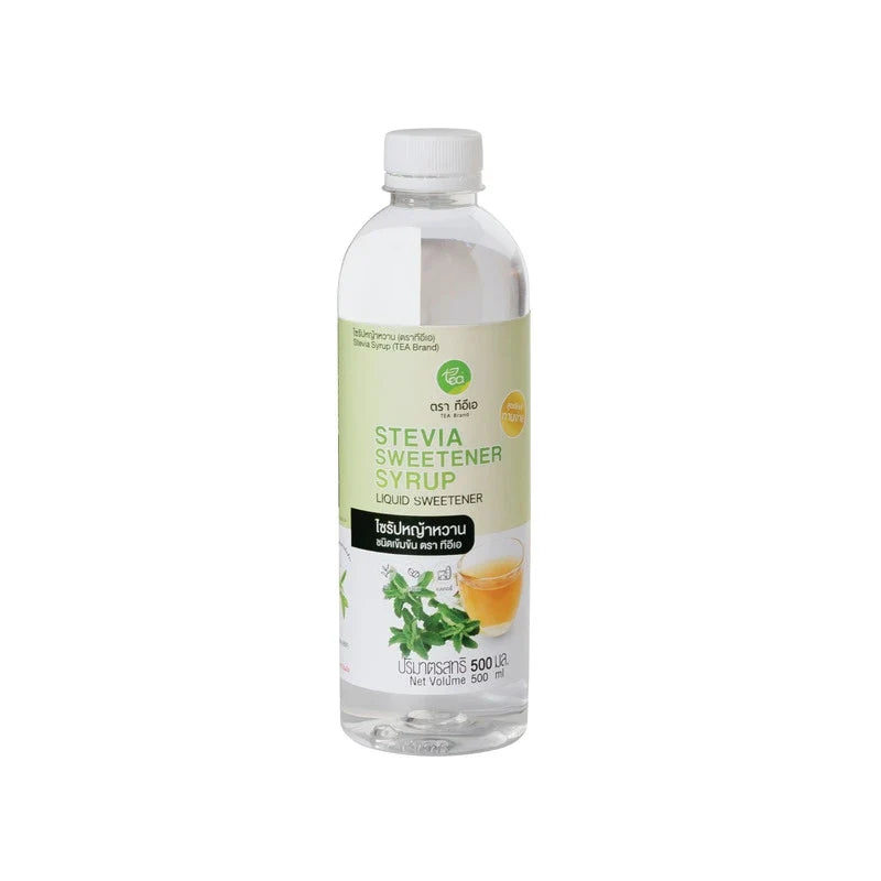 TEA Stevia Sweetener in a 500ml bottle, natural sugar substitute for beverages and recipes, in a clear container.