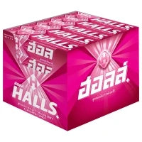 Halls Raspberry lozenges in a clear plastic bag, showing bright red candies inside, part of Halls snack and confectionery line.
