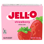 Jell-O strawberry gelatin dessert mix in a box, showing vibrant red strawberry flavor and the brand logo on the packaging.