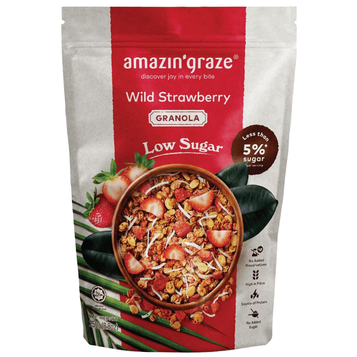 Amazin'Graze Strawberry Granola in a clear bowl, showing crunchy granola clusters with fresh strawberry pieces on top.