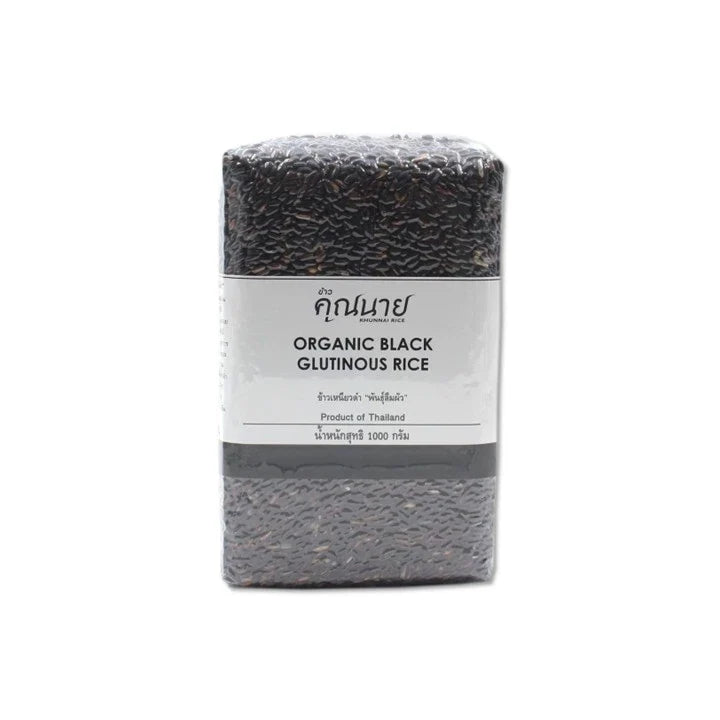 Organic black glutinous rice from Khunnai Rice, 1kg package, showcasing dry, uncooked rice grains in a clear view.