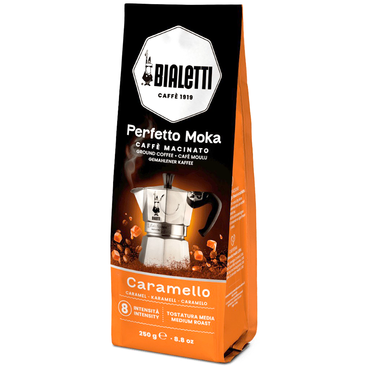 Bialetti Perfetto Moka Ground Coffee Caramello in a canister with coffee beans and a moka pot for brewing rich espresso-style coffee