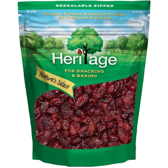 Heritage Cranberry confectionery snacks in a colorful package, highlighting sweet and tangy dried cranberries.