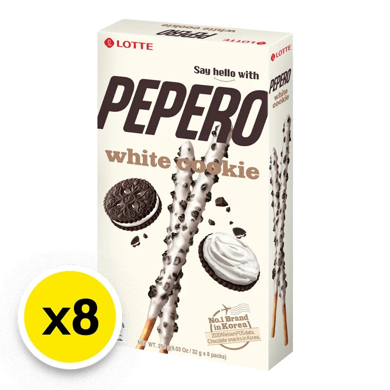 Lotte Pepero Biscuit Sticks White Cookie flavor in a big box with eight 32g packs, crispy snack for confectionery lovers.