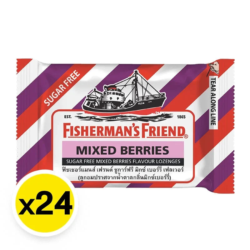 Fisherman's Friend Sugar-Free Mixed Berry Lozenges in a clear plastic bag, showing the colorful berry-flavored lozenges.
