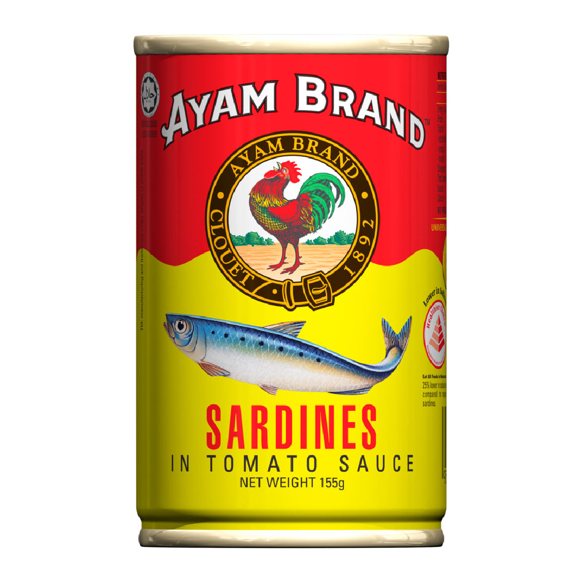 Canned Ayam sardines in tomato sauce, packed in a can, ready for cooking or serving in a grocery setting.
