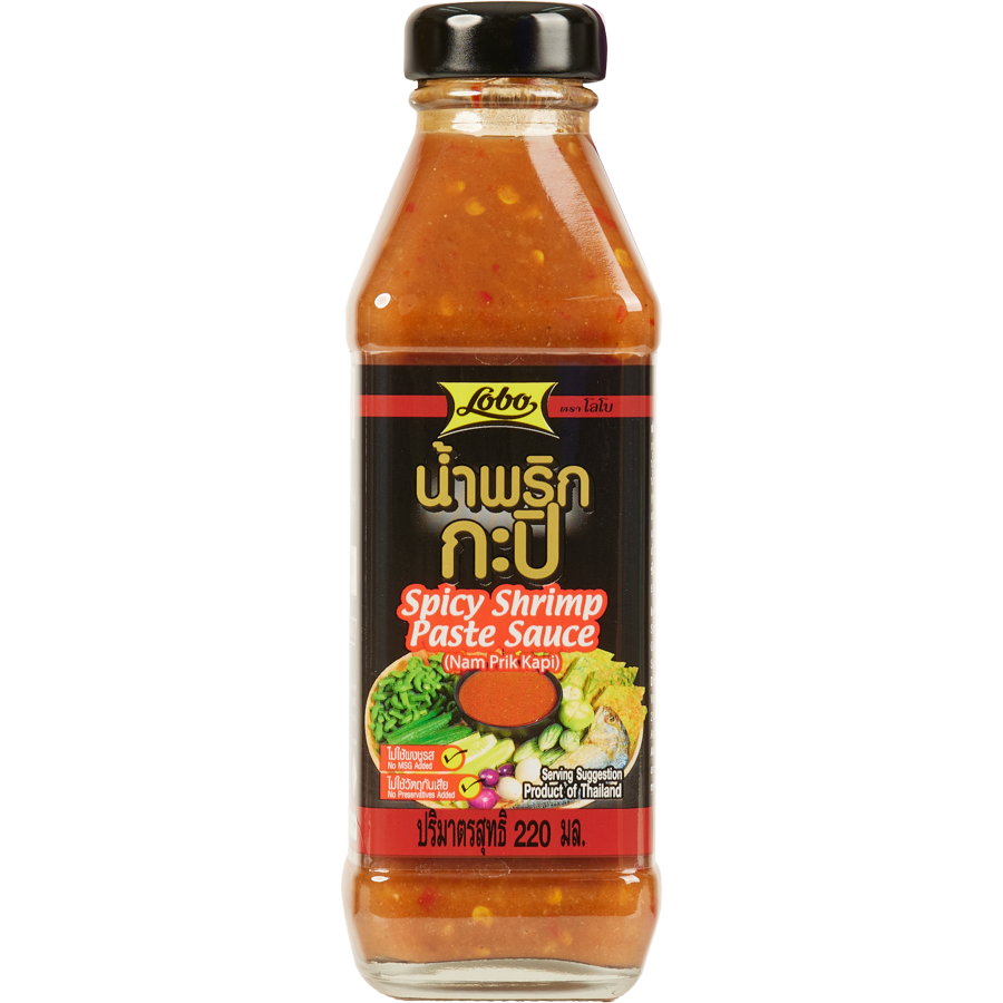 Lobo Spicy Shrimp Paste Sauce in a jar, showcasing its vibrant red color and seafood-based ingredients.