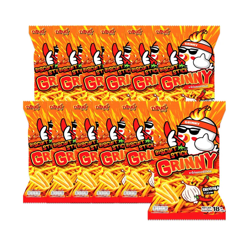 Grinny Biscuit Stick Original Flavour 18g, dry snack with crispy biscuit texture and classic flavor, in a colorful packaging.