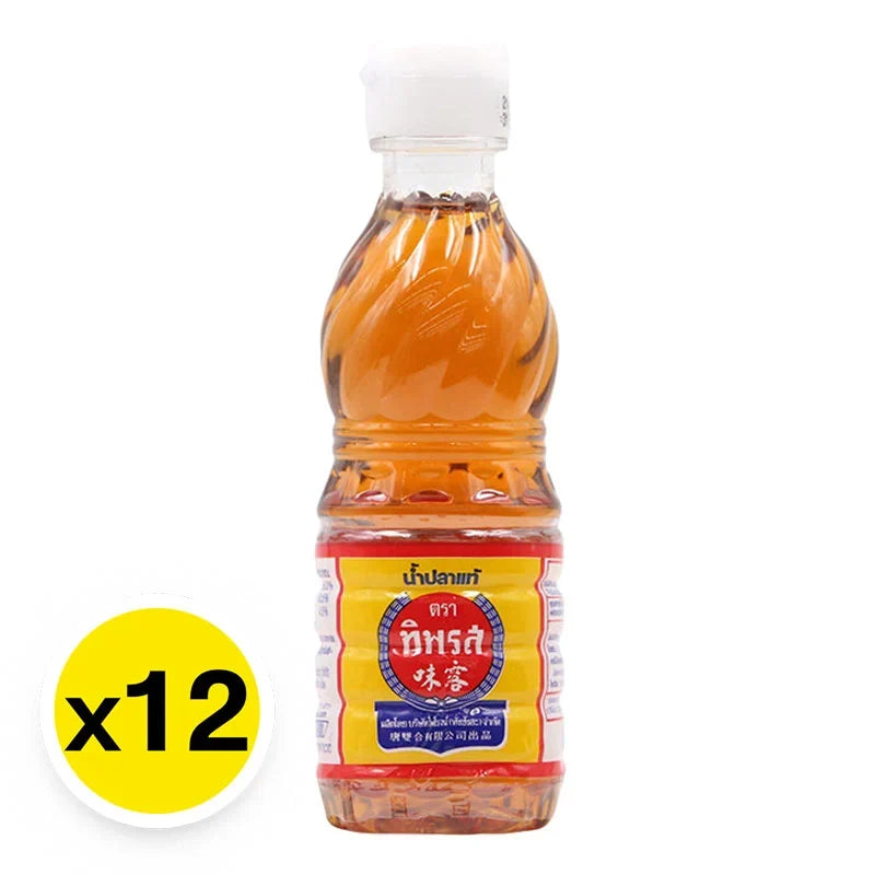 Tiparos Fish Sauce 60ml bottles from the TIPAROS brand, arranged in a pack of 12, ideal for Asian cooking and seasoning.