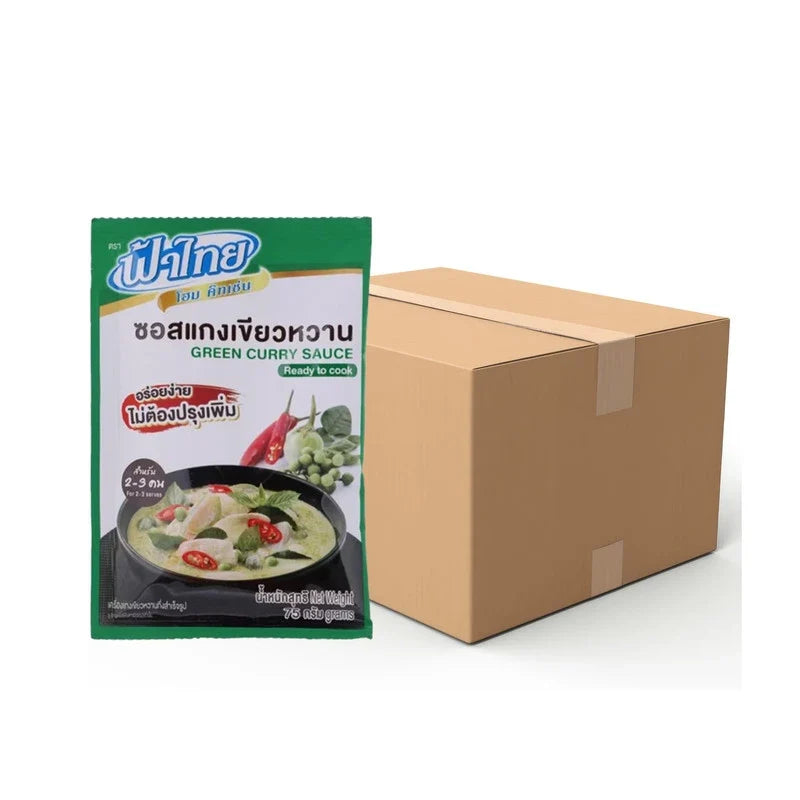 Fathai Green Curry Seasoning Sauce in 75g pack, Thai dry grocery product with vibrant green color, ideal for cooking flavorful green curry