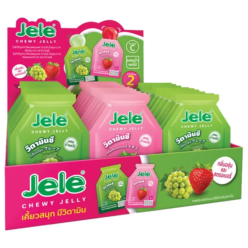 Jele Chewy Strawberry Grape 18g snack package, colorful fruity candies for dry grocery and confectionery.
