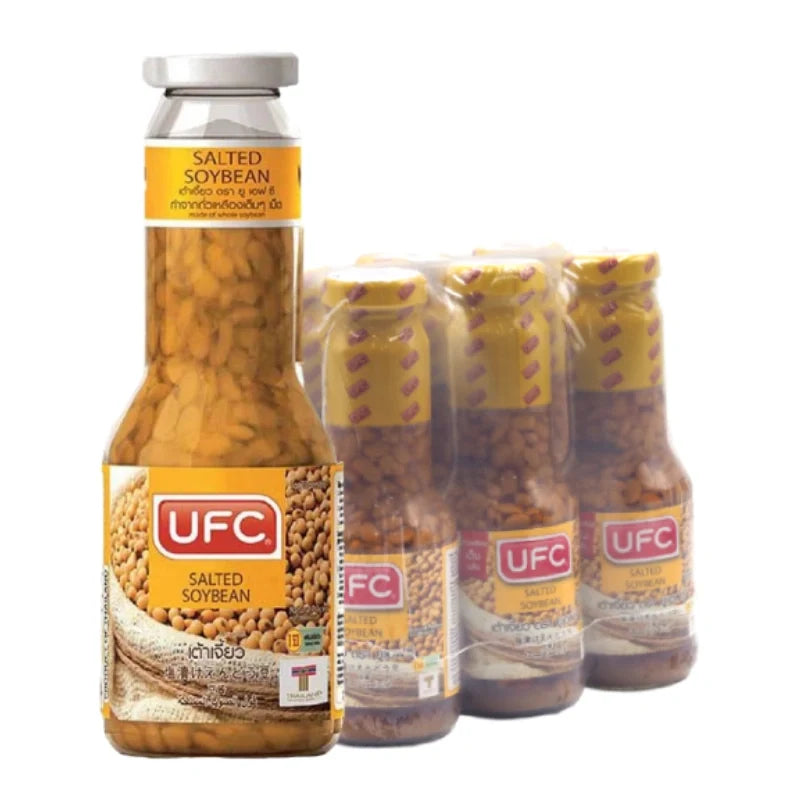 UFC Soybean Paste 340g jars, six-pack, dry grocery product with labels displaying soybeans and UFC branding.