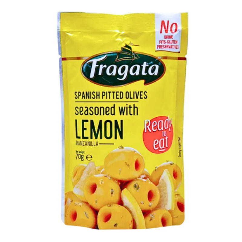 Fragata seasoned lemon pitted olives in 70g snack pack, showcasing green olives with lemon seasoning in a clear container.