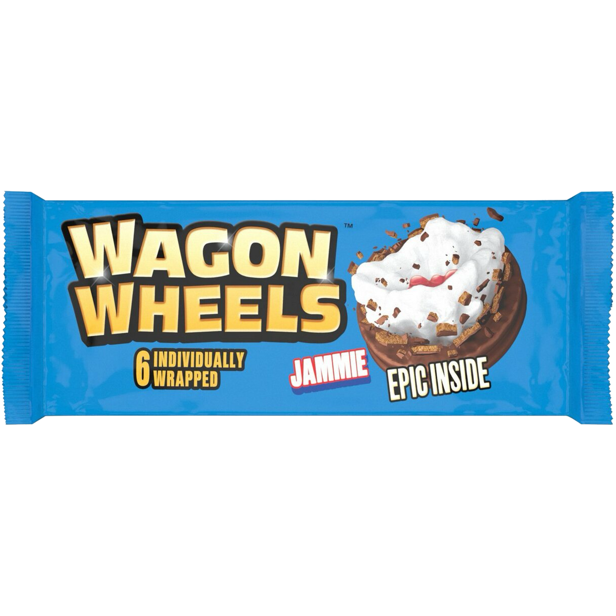 Wagon Wheels Jammie Epic inside confectionery snack with chocolate coating and jam filling, displayed in a close-up view.