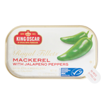 Canned King Oscar Mackerel with jalapenos in a tin, showcasing the product with jalapeno slices and mackerel fillets.