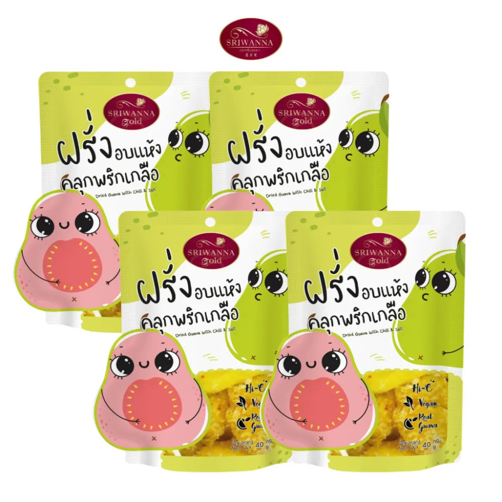 Sriwanna Gold dried guava with chili and salt, 40g pack, showing vibrant dried guava pieces seasoned with chili and salt.