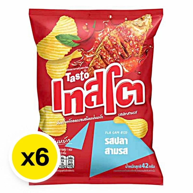Tasto Potato Rock Chips Pla Sam Rod 42g, crispy snack in colorful packaging, displayed in a bowl with chips spilling out.