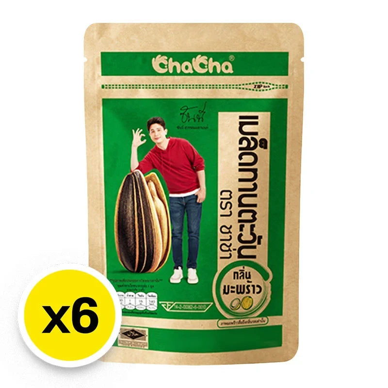 Chacha Sunflower Seeds Coconut Flavor 72g, six packs of dry snack with crunchy sunflower seeds and coconut flavor.