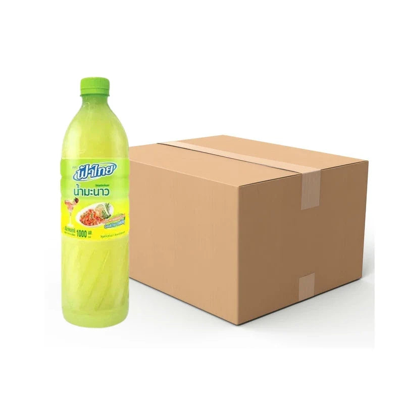 Fathai Lime Juice 1L bottle, part of a pack of 12, in a clear bottle with lime juice visible inside, for cooking and beverages.