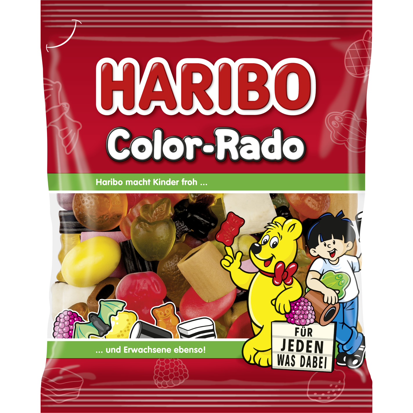 Colorful Haribo Color Rado confectionery snacks in bright, vibrant hues, showcasing their chewy, fun gummy appearance.