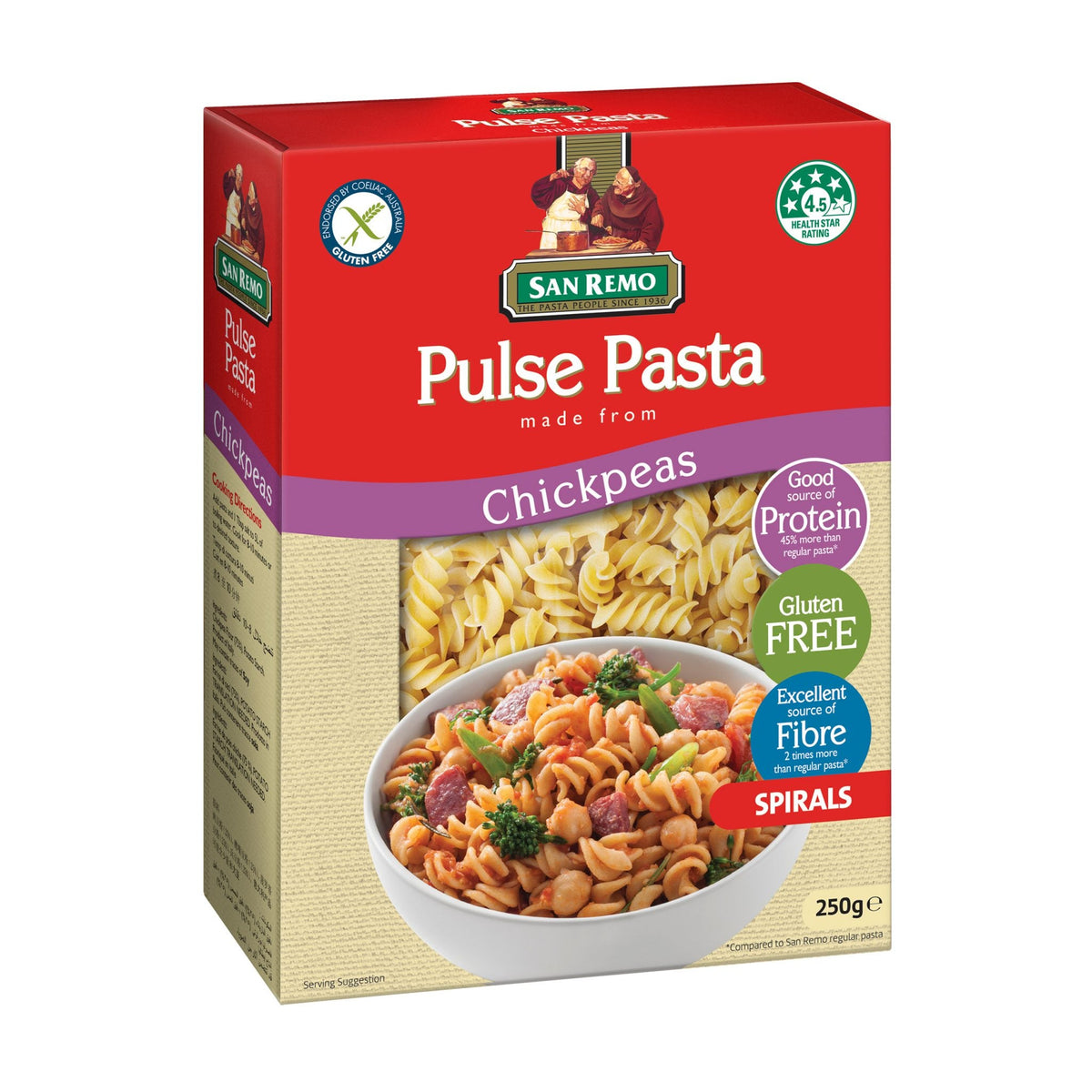 San Remo Chickpeas Spirals pasta in a bowl, showcasing the uncooked, dry pasta with a spiral shape from the San Remo grocery product line.