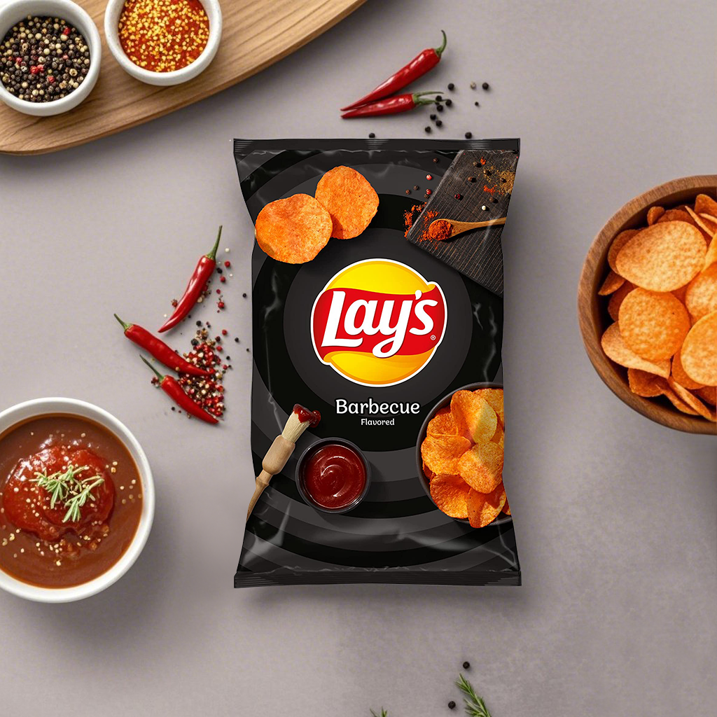 Lay's Barbecue Potato Chips in a bowl, showing crispy, seasoned snacks with smoky barbecue flavor.