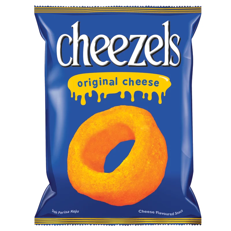 Cheezels Cheezy Cheese Snacks in a bright orange bag, showing crunchy, cheesy snack pieces ready to eat.