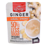 Ranong Tea Strong Ginger 50% Less Sugar drink in a clear glass bottle, showcasing fresh ginger and tea infusion.
