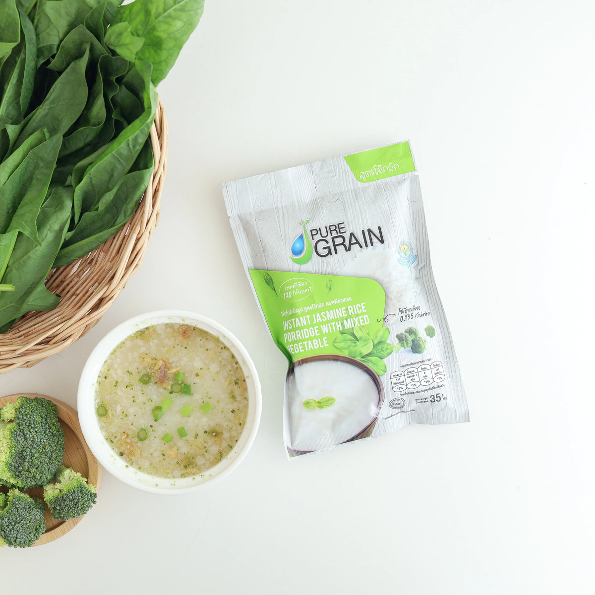 Pure Grain Instant Porridge Vegetable Recipe 35g packet, dry grocery product with colorful vegetable ingredients visible.