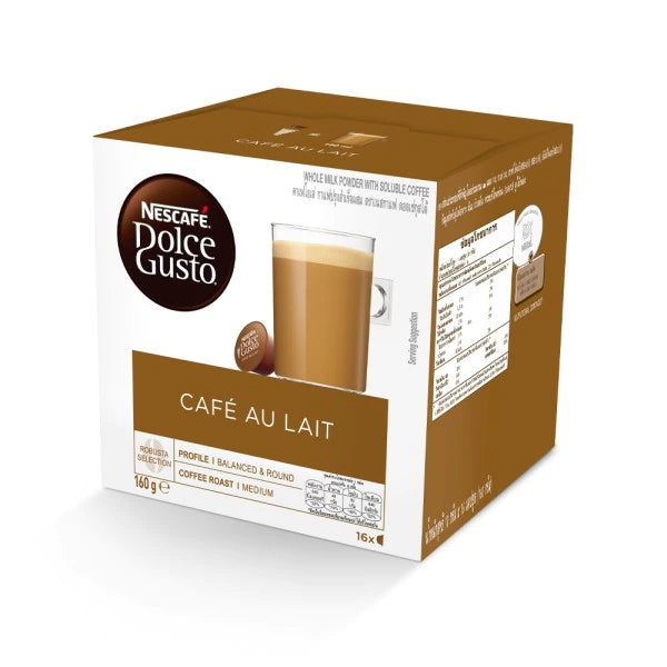 Nescafe Dolce Cafeaulait drink in a clear glass, showing creamy coffee beverage topped with froth and coffee beans beside it.