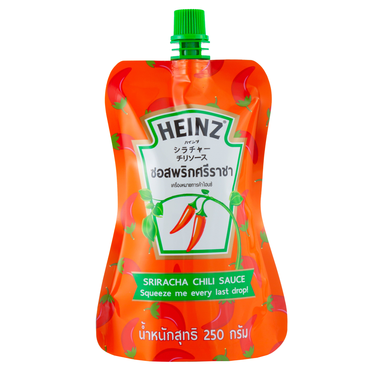 Heinz Sriracha Chili Sauce bottle with red chili peppers on the label, showcasing the spicy condiment in a grocery setting.
