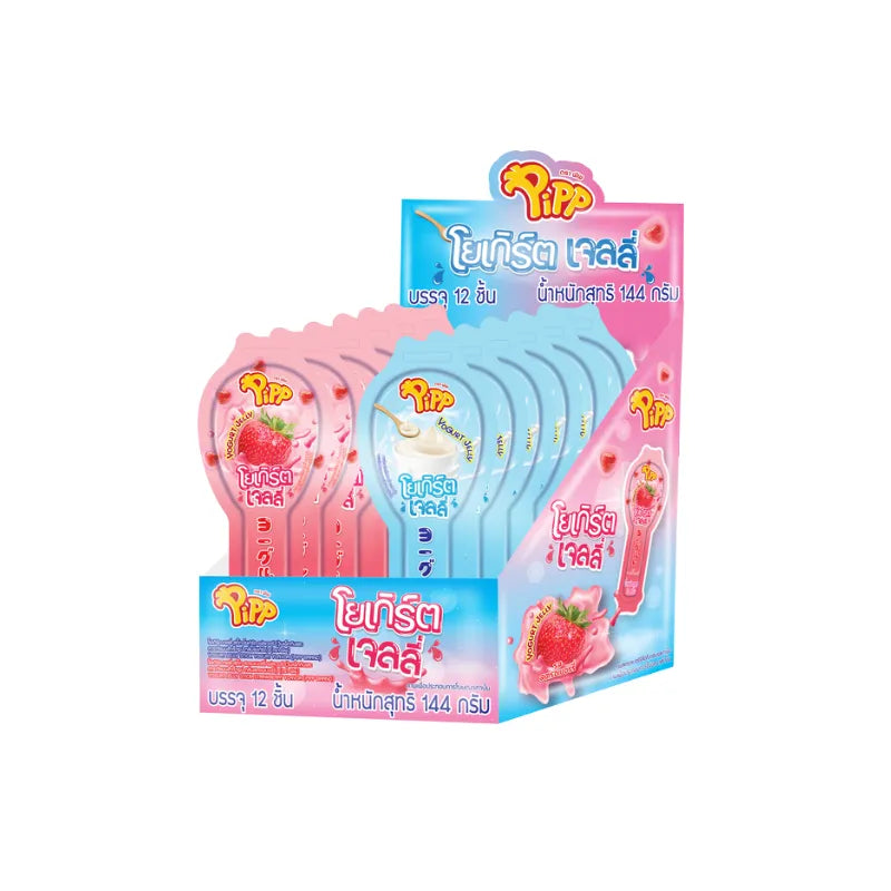 Pipp Onsen Egg Jelly snack pack, 12 individual 12g jelly pieces, soft confectionery dessert with egg flavor in a clear package.
