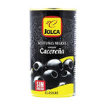 Jolca Black Olives 350g, dry grocery product, showing a jar filled with glossy black olives on a white background.