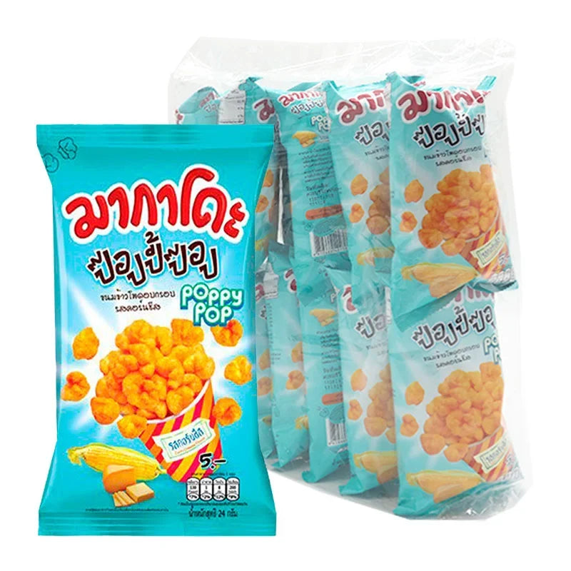 Makado Poppy Pop Potato Fries corn cheese flavor snack, 24g x12, crispy snack pack with vibrant packaging.
