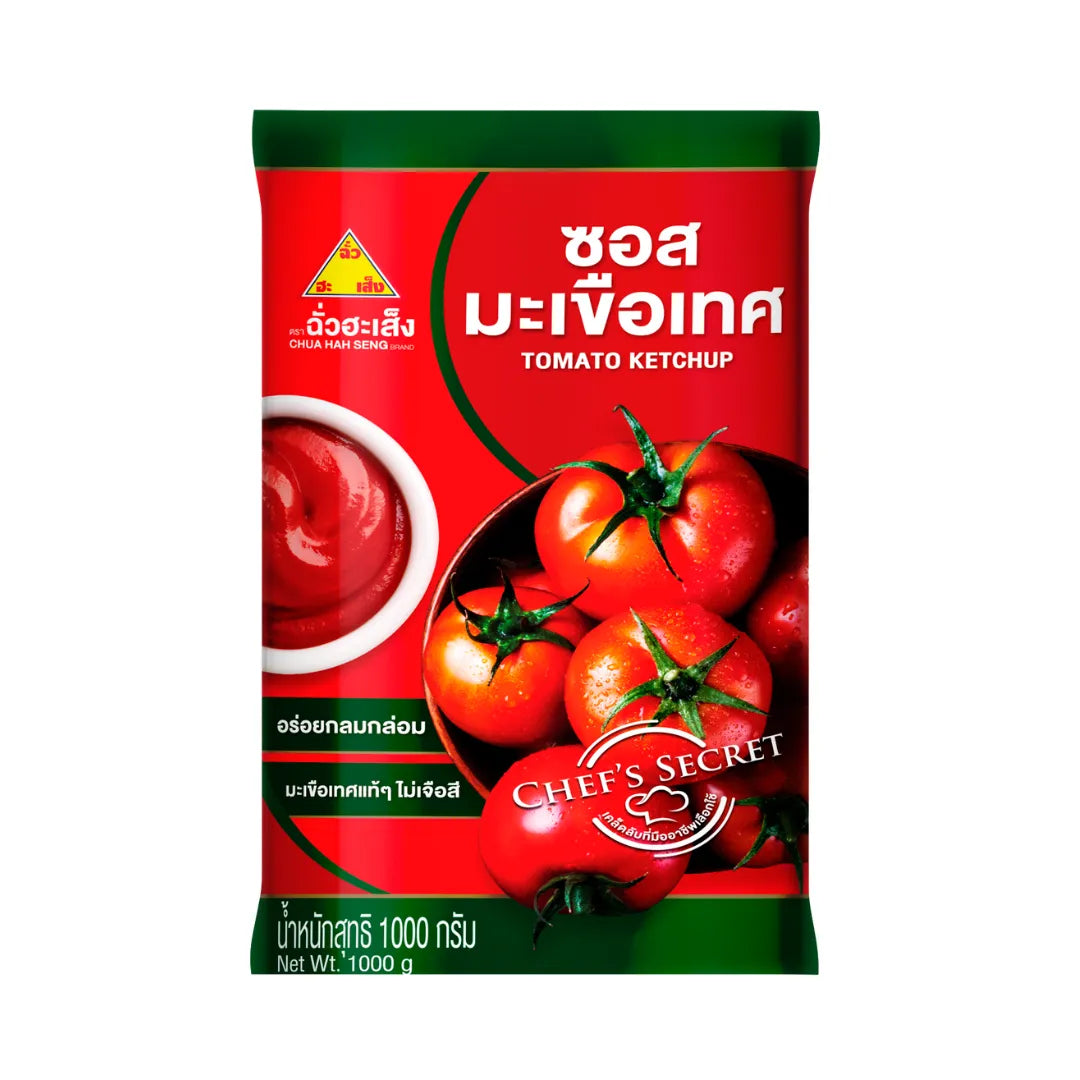 Chua HAH Seng Tomato Ketchup 1000g bottle, dry grocery product with red ketchup visible in clear plastic bottle.
