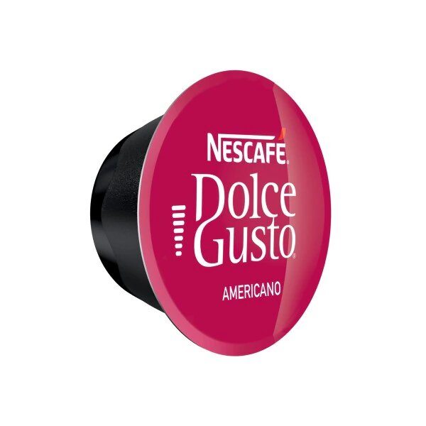 Nescafe Dolce Gusto Americano Intensity coffee drink in a clear glass mug with a frothy top and rich coffee color.