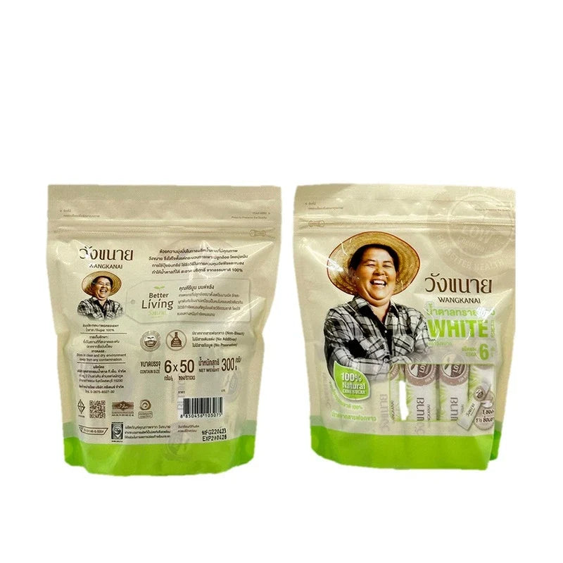Wangkanai white sugar sachets in 6g packets, ideal for sweetening beverages, displayed in a row.