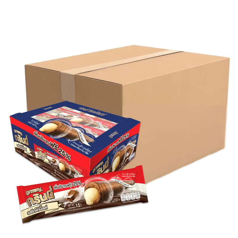 GRINNY chocolate-coated snack filled with milk cream, 15g individually wrapped, ideal for dry grocery and confectionery snacks.