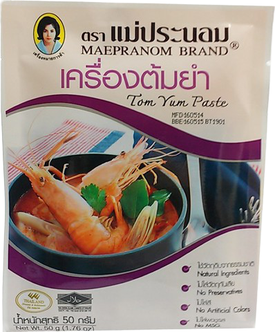 Mae Pranom Tom Yum Paste jar showing the red, spicy Thai seasoning used for flavorful Tom Yum soup and cooking.