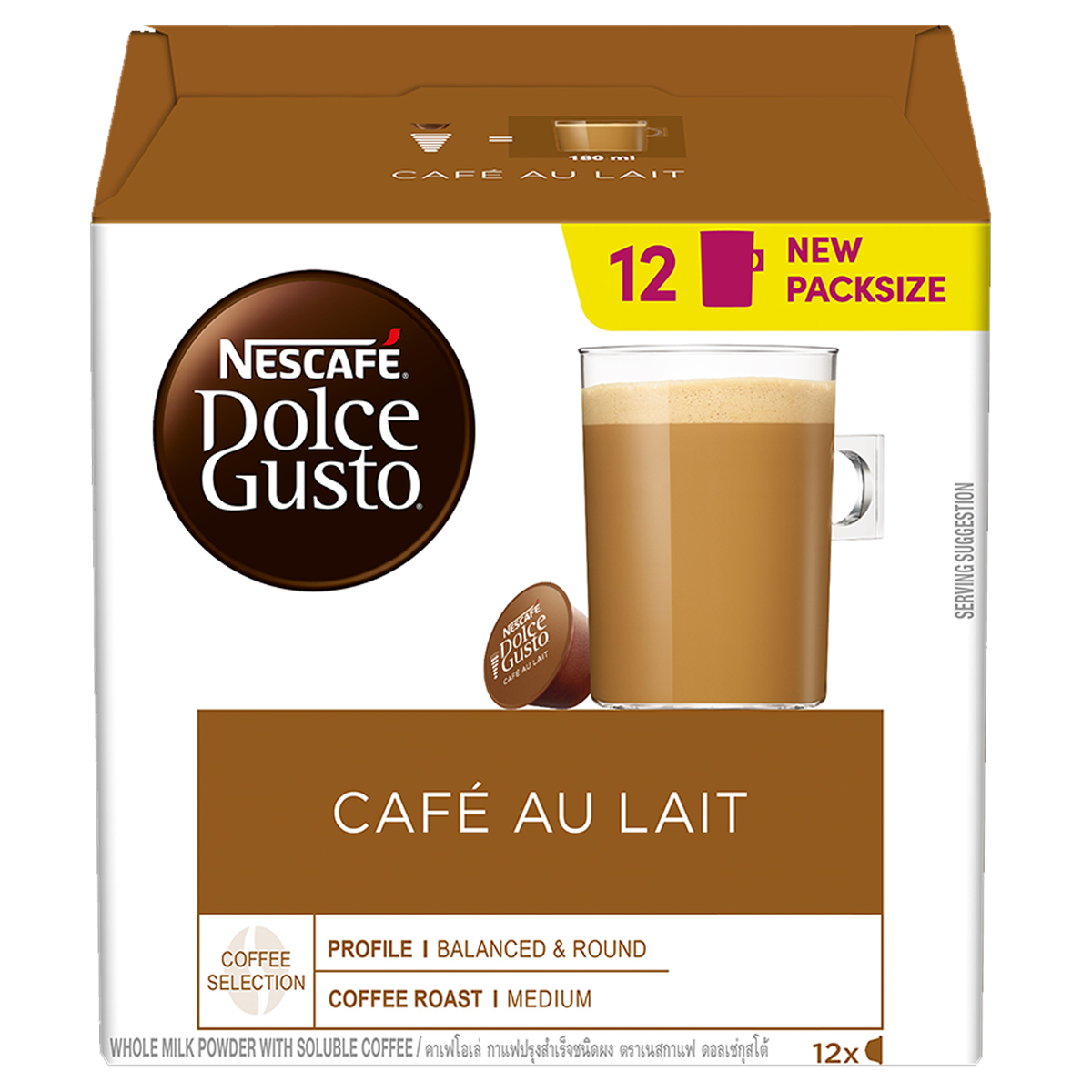 Creamy Nescafe Dolce Gusto Cafe Au Lait drink in a glass, featuring a frothy coffee beverage with milk and coffee layers.
