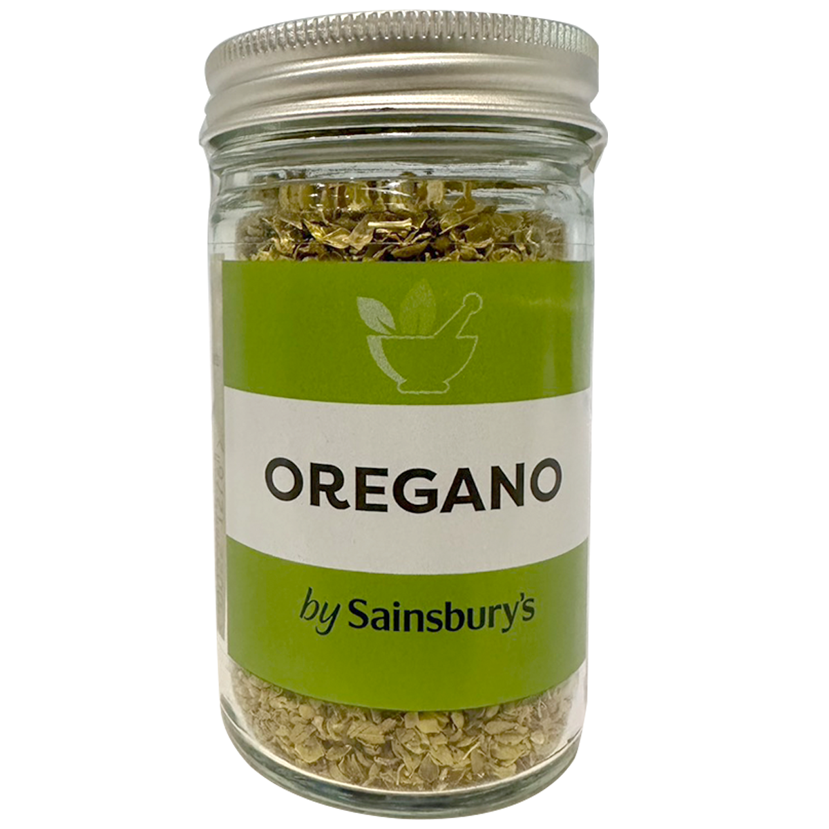 Sainsbury's oregano in a clear container, fresh dried herbs for cooking and seasoning in a grocery product image.